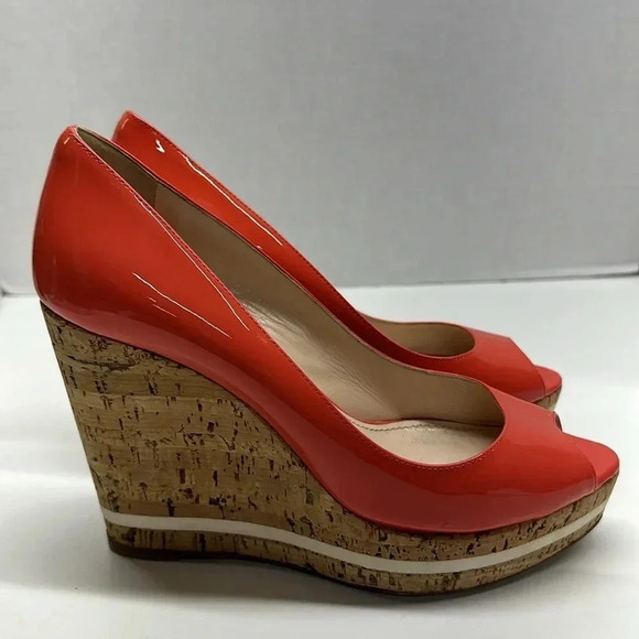 Prada Heels Peep Toe Wedges Espadrilles Cork Pump Shoes Coral Pink Size 38 US 8 - Picture 6 of 11